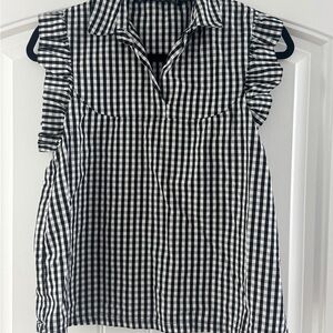 Zara Black and White Ruffled Blouse with Notched Collar